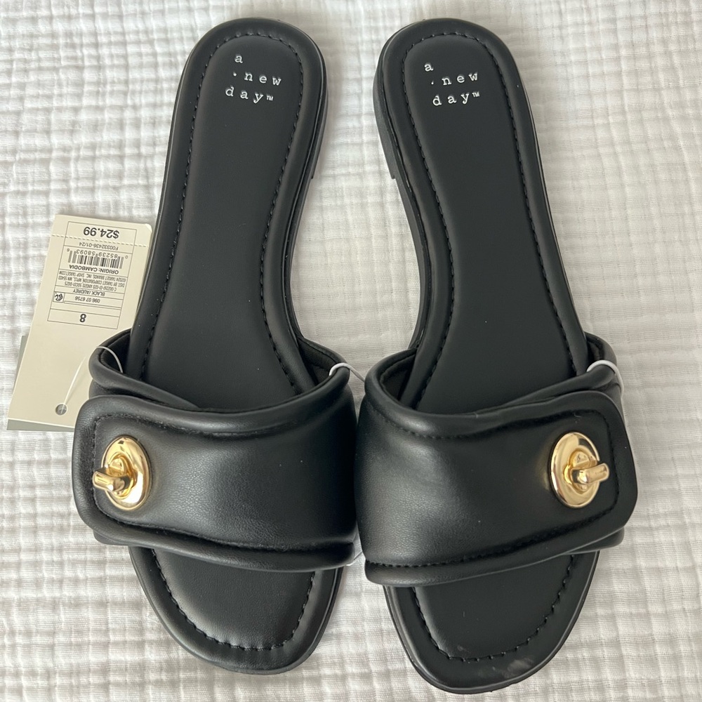 A New Day Black Slide Sandals with Gold Accent